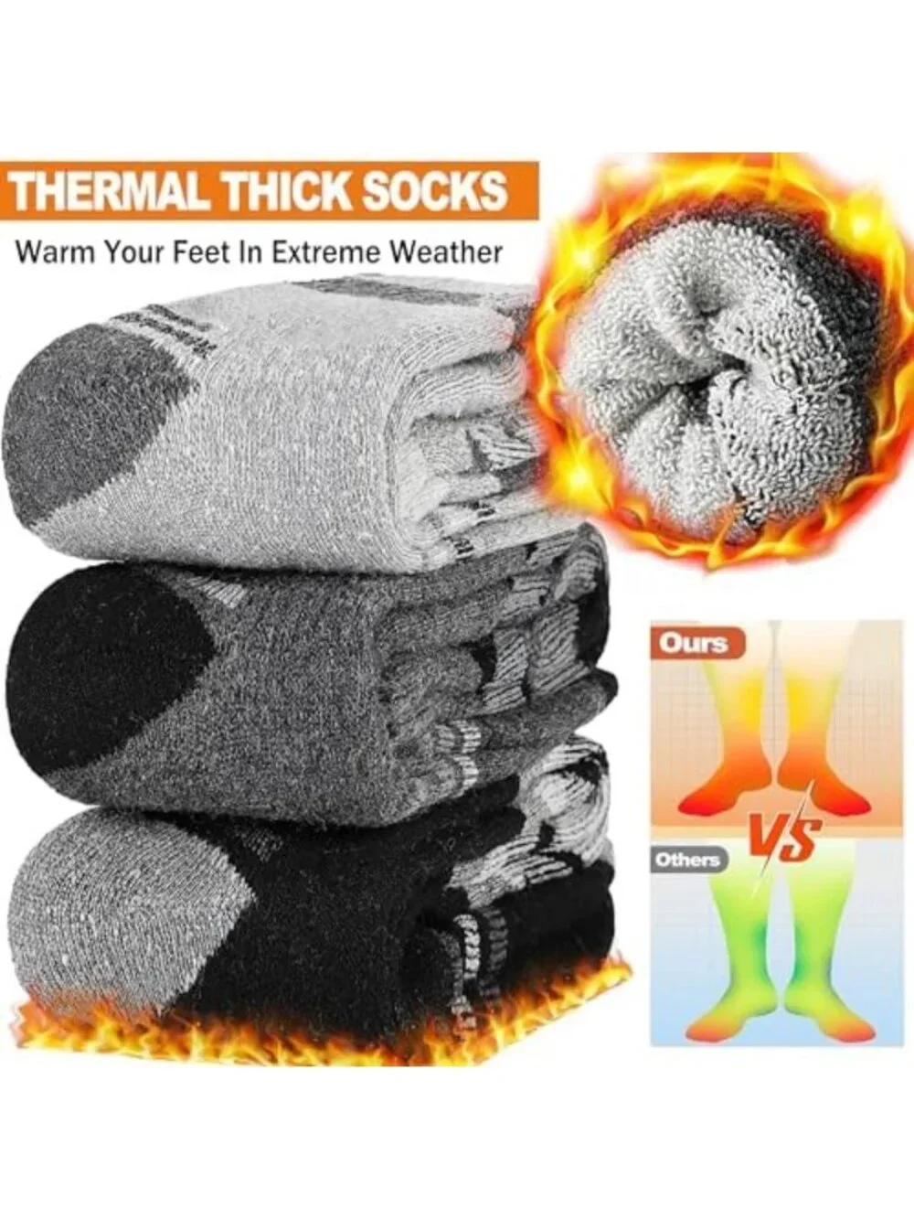 3 Pairs Thermal Merino Wool Ski Socks - Warm Thick Knee High for Winter Sports